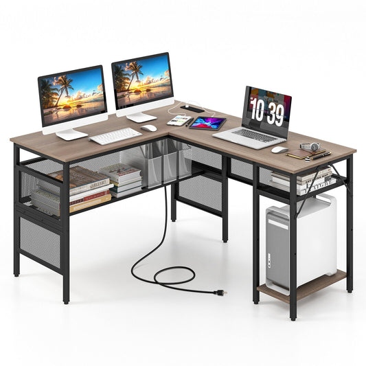 L-Shaped Computer Desk with Charging Station and Adjustable Shelf, Gray