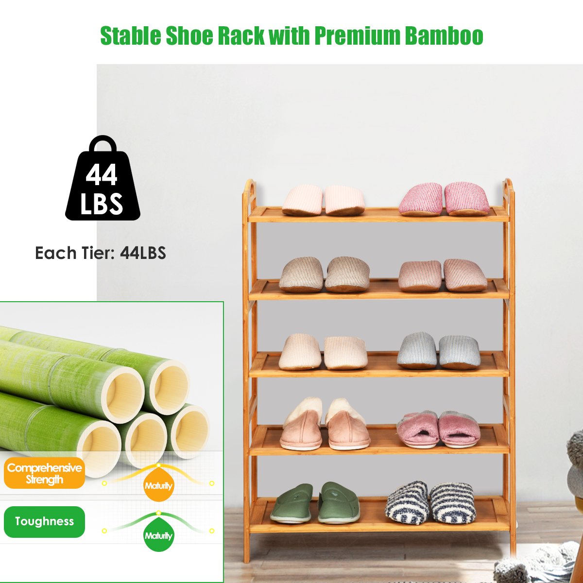 5-Tier Bamboo FreeStanding Shoe Rack, Natural
