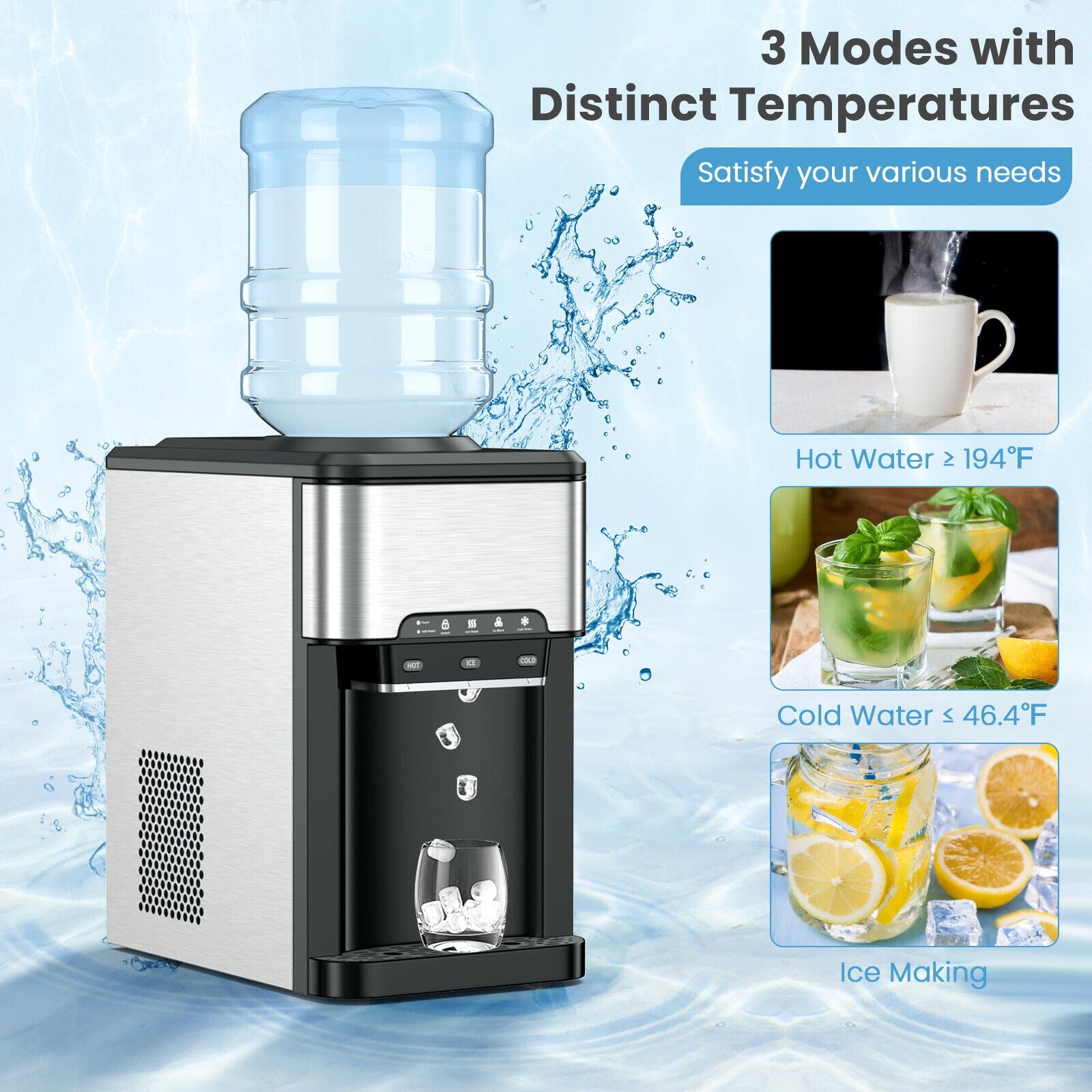 3-in-1 Water Cooler Dispenser with Built-in Ice Maker and 3 Temperature Settings, Silver Water Dispensers at Gallery Canada