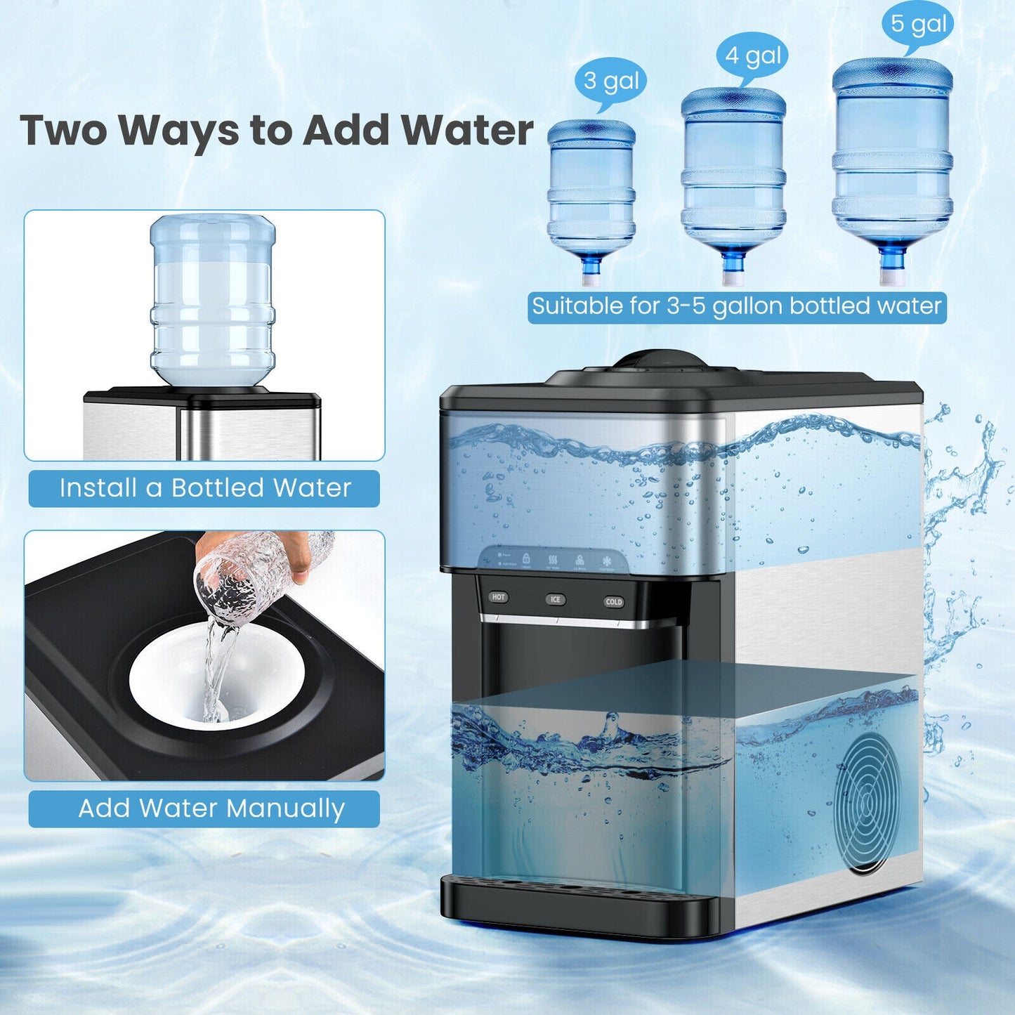 3-in-1 Water Cooler Dispenser with Built-in Ice Maker and 3 Temperature Settings, Silver Water Dispensers at Gallery Canada
