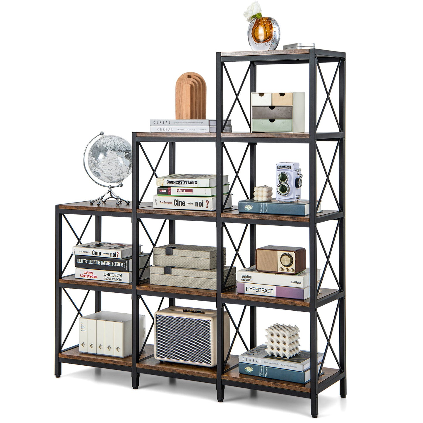 9 Cubes Bookcase with Carbon Steel Frame for Home Office, Rustic Brown