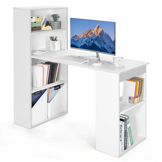 Computer Desk Writing Workstation Office with 6-Tier Storage Shelves, White at Gallery Canada