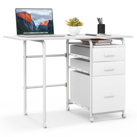 Home Office Folding Computer Laptop Desk Wheeled with 3 Drawers, White