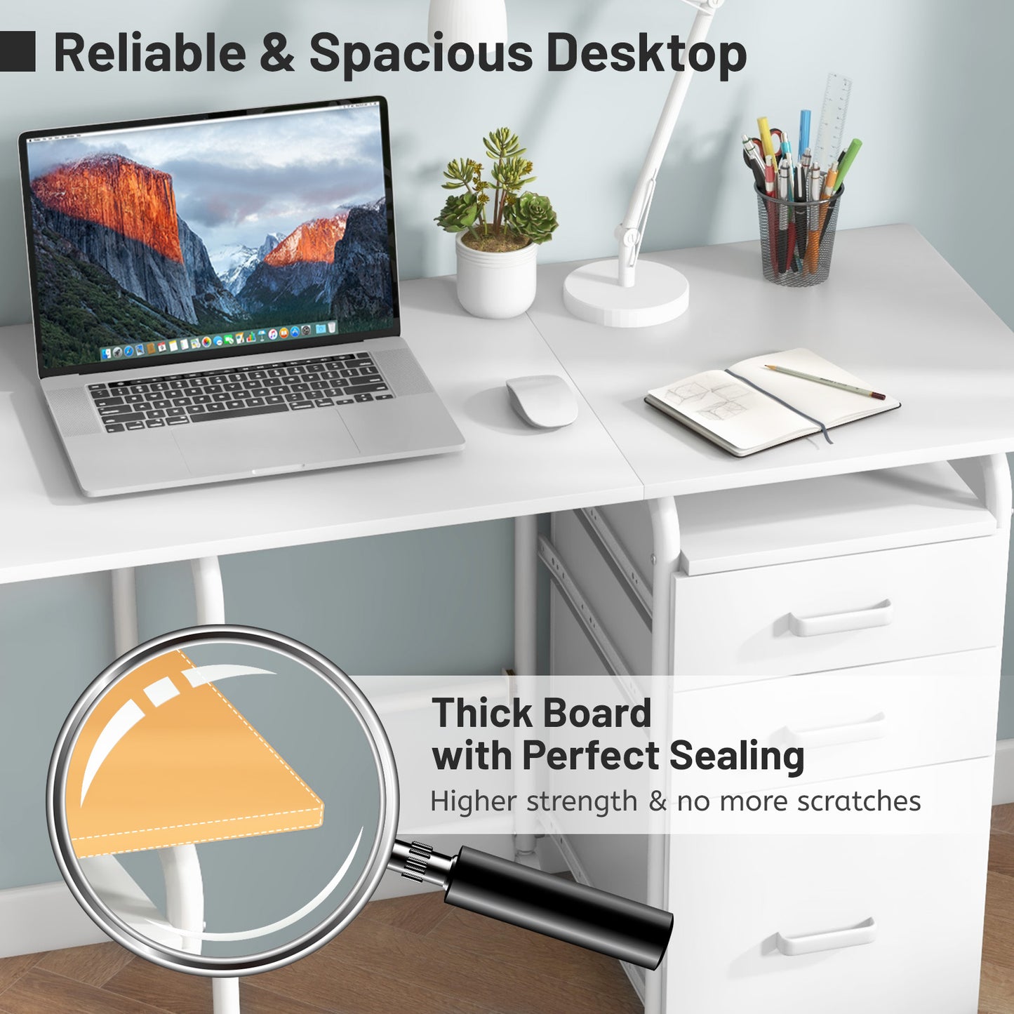 Folding Computer Desk With Wheels, 3 Drawers, White Writing Desks at Gallery Canada