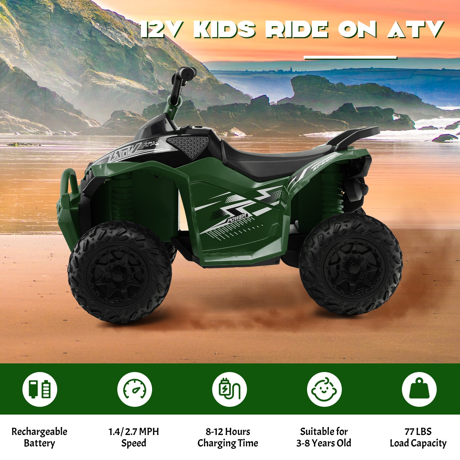 12V Kids Ride On ATV with High/Low Speed and Comfortable Seat, Army Green Powered Ride On Toys at Gallery Canada