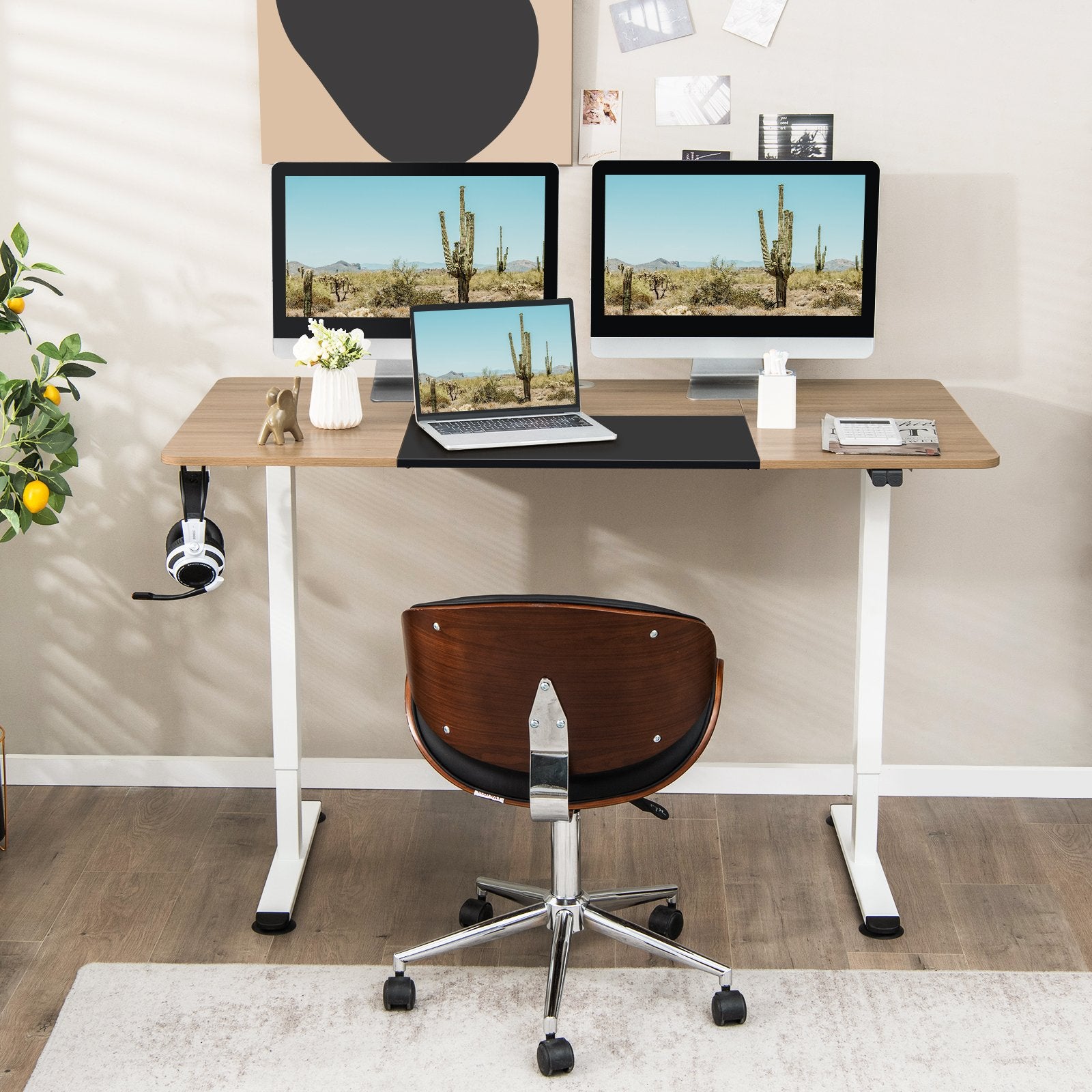 55 Inch Electric Height Adjustable Office Desk with Hook, Natural at Gallery Canada