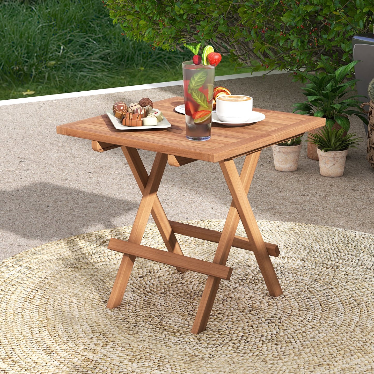 Square Patio Folding Table Indonesia Teak Wood with Slatted Tabletop Portable for Picnic, Natural