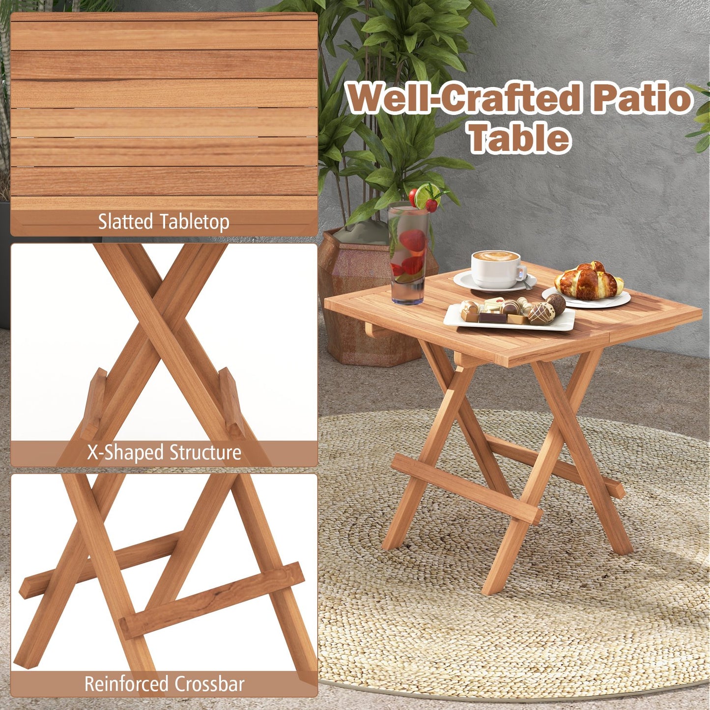 Square Patio Folding Table Indonesia Teak Wood with Slatted Tabletop Portable for Picnic, Natural