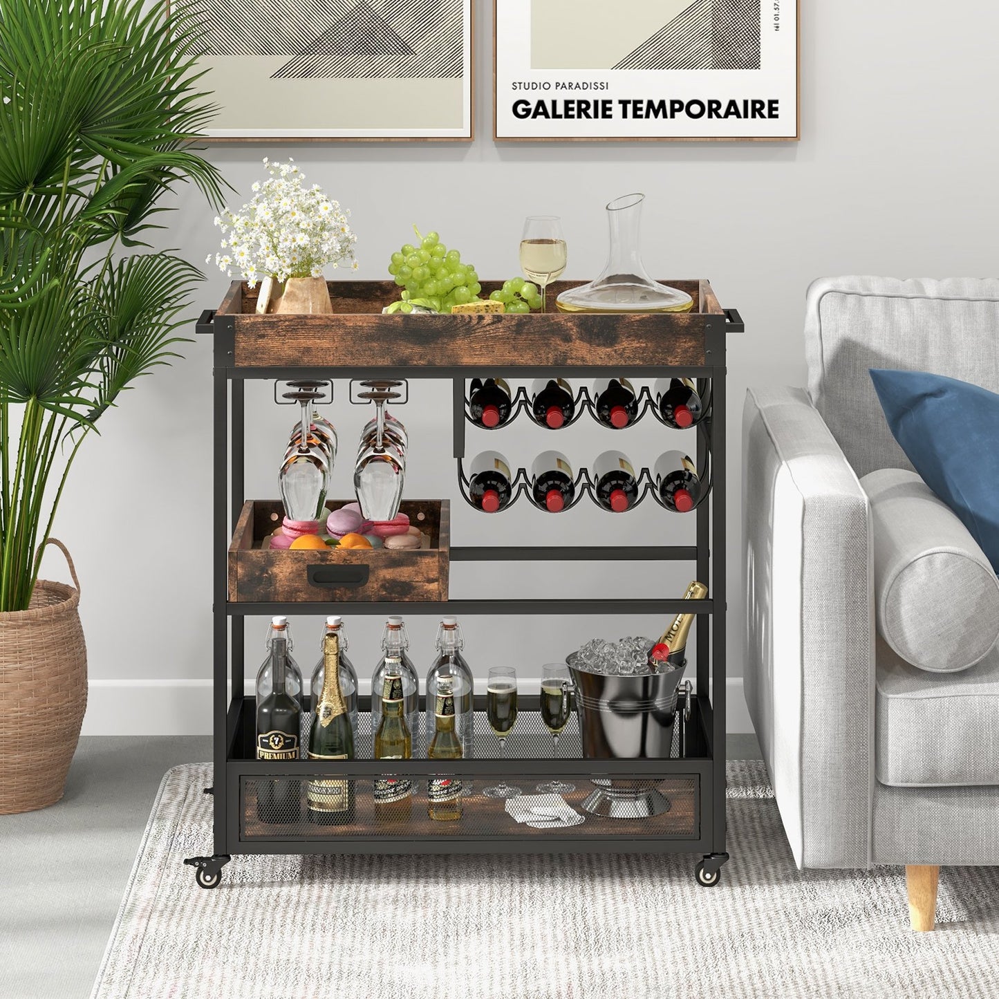3-Tier Industrial Buffet Serving Cart with Wine Rack, Rustic Brown at Gallery Canada