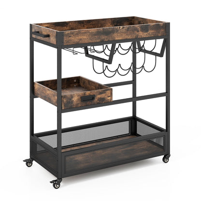 3-Tier Industrial Buffet Serving Cart with Wine Rack, Rustic Brown at Gallery Canada