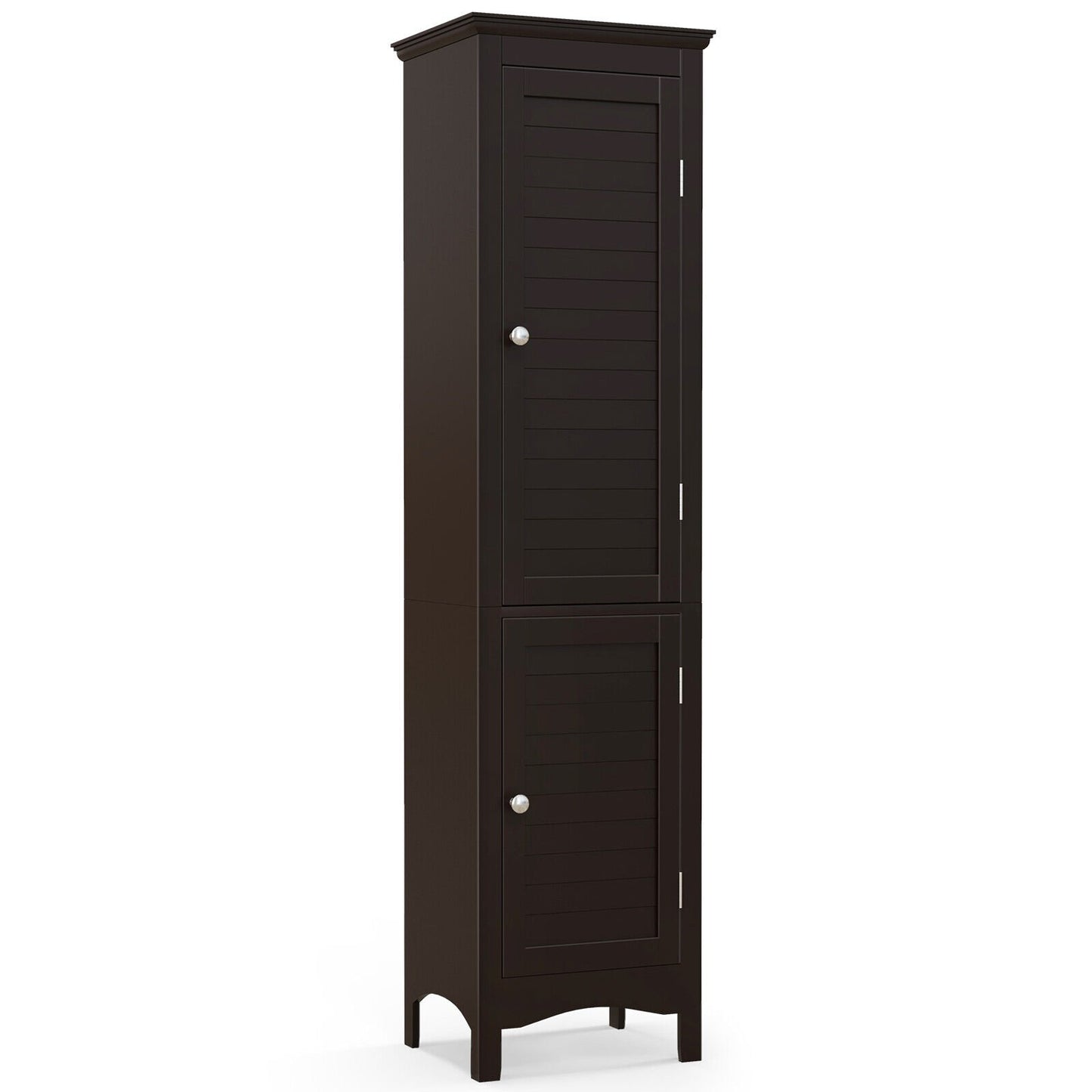 Tall Bathroom Floor Cabinet with Shutter Doors and Adjustable Shelf, Brown
