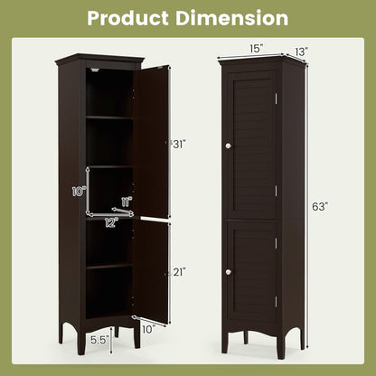 Tall Bathroom Floor Cabinet with Shutter Doors and Adjustable Shelf, Brown