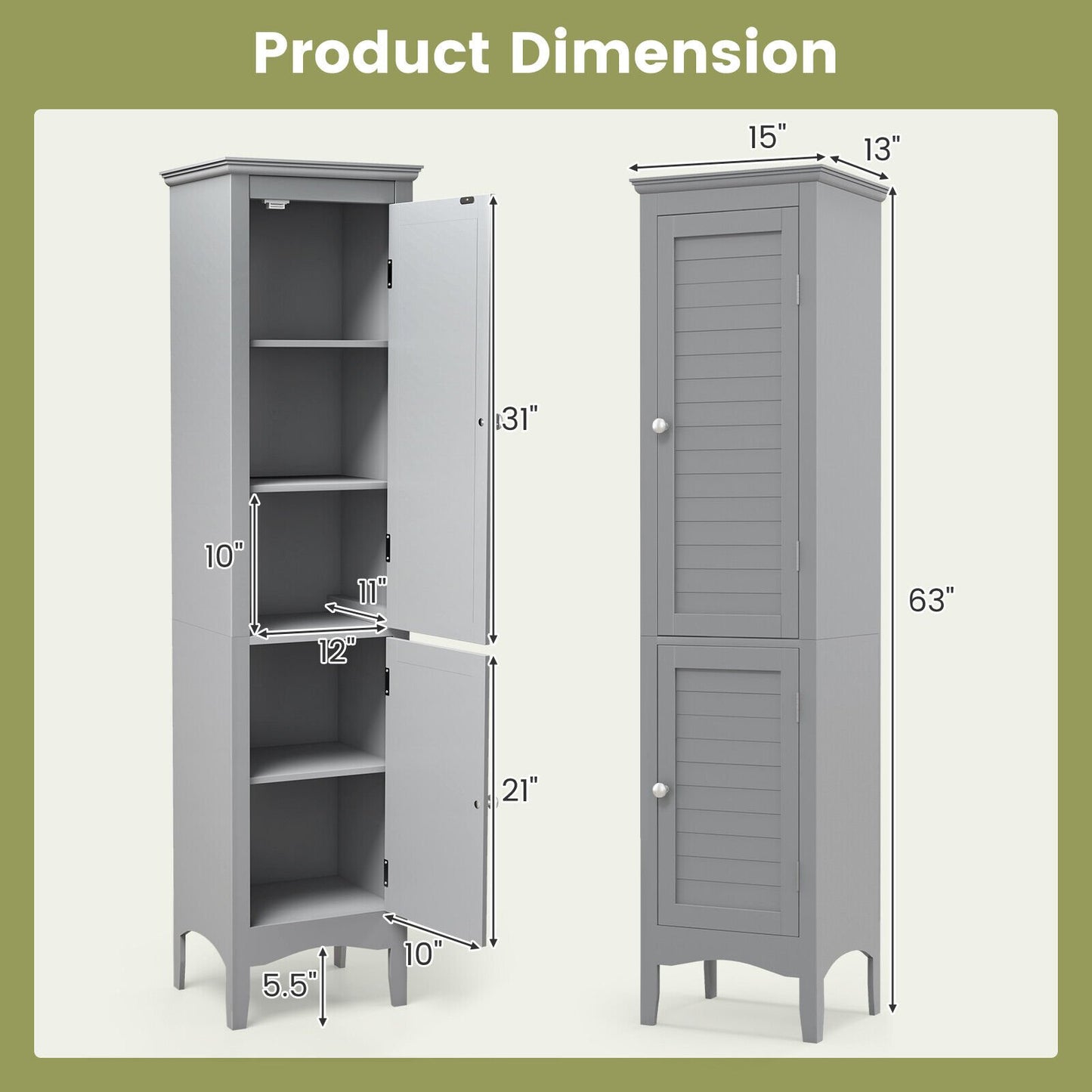 Tall Bathroom Floor Cabinet with Shutter Doors and Adjustable Shelf, Gray