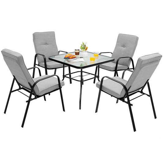 5 Pieces Outdoor Dining Set with 4 Stackable Chair and High-Back Cushions, Gray