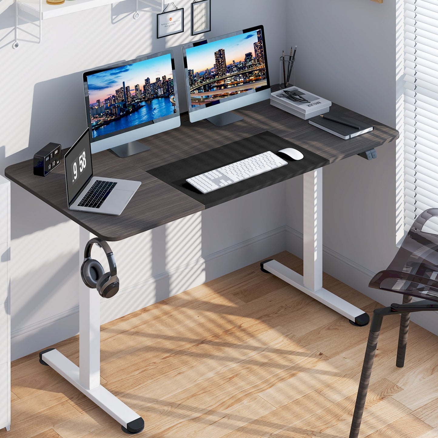 55 Inch Electric Height Adjustable Office Desk with Hook, Dark Gray