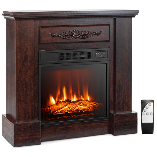 32 Inch Electric Fireplace with Mantel and Remote Control, Brown