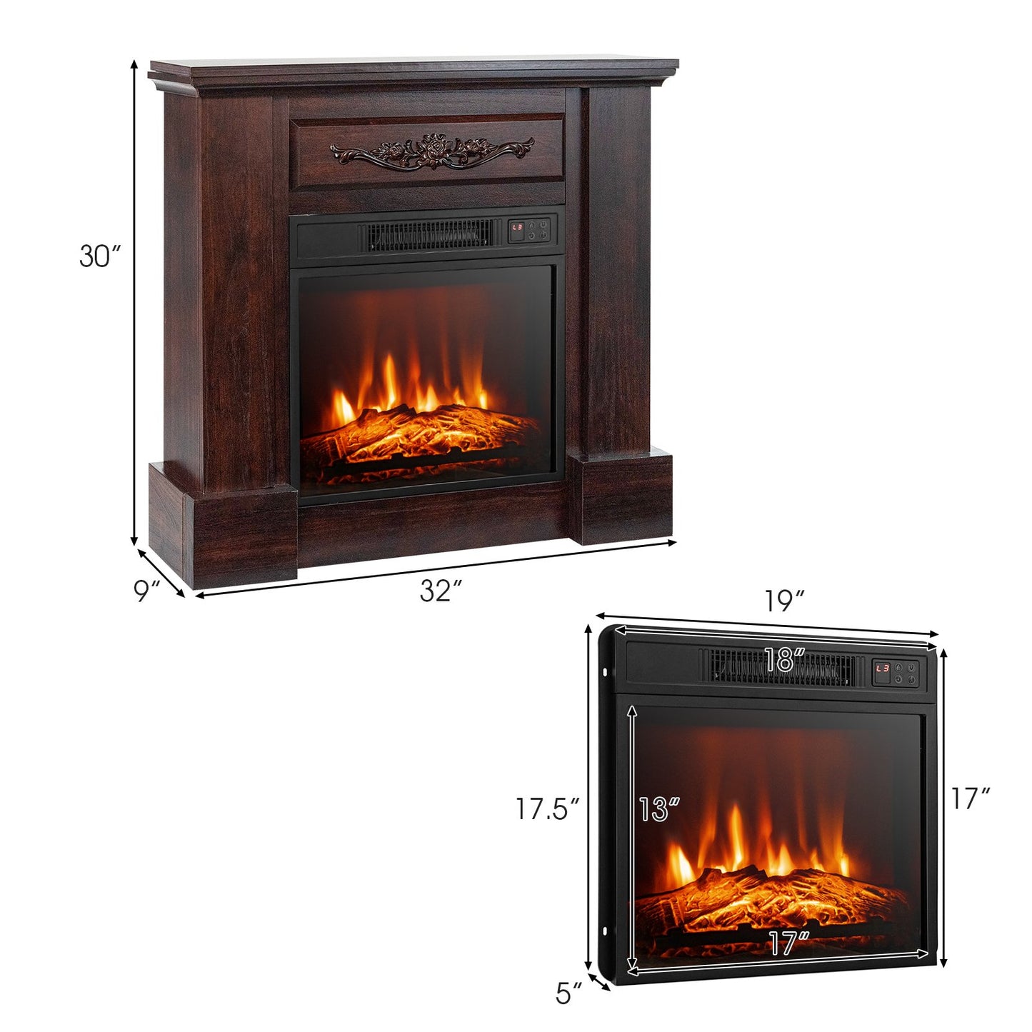 32 Inch Electric Fireplace with Mantel and Remote Control, Brown