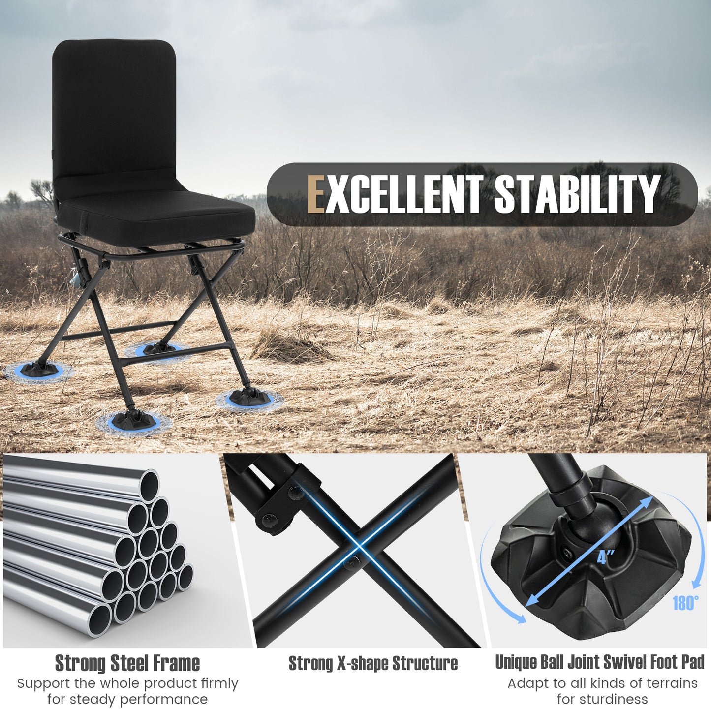 Swivel Folding Chair with Backrest and Padded Cushion, Black Camping Furniture at Gallery Canada