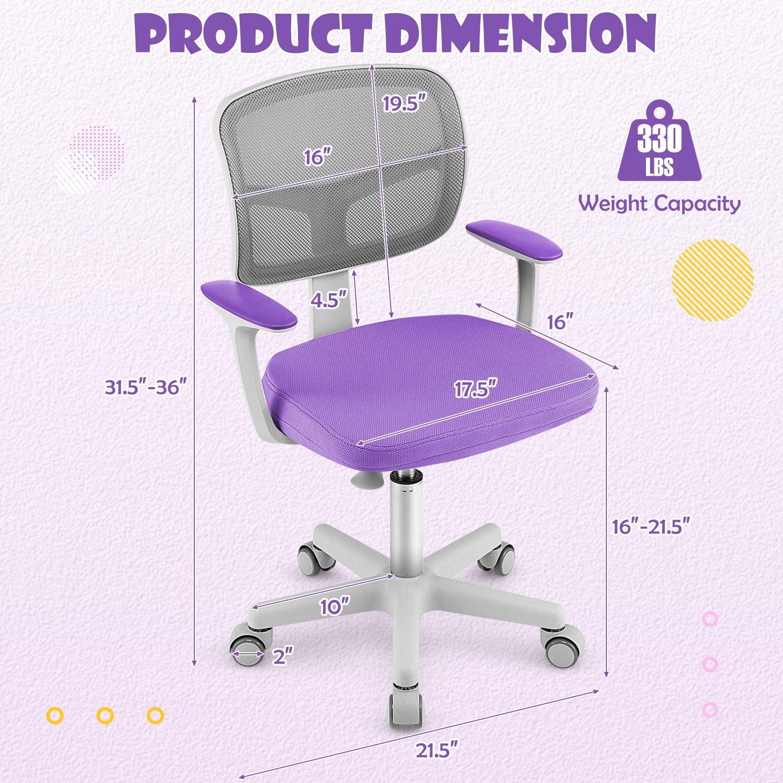 Adjustable Desk Chair with Auto Brake Casters for Kids, Purple at Gallery Canada