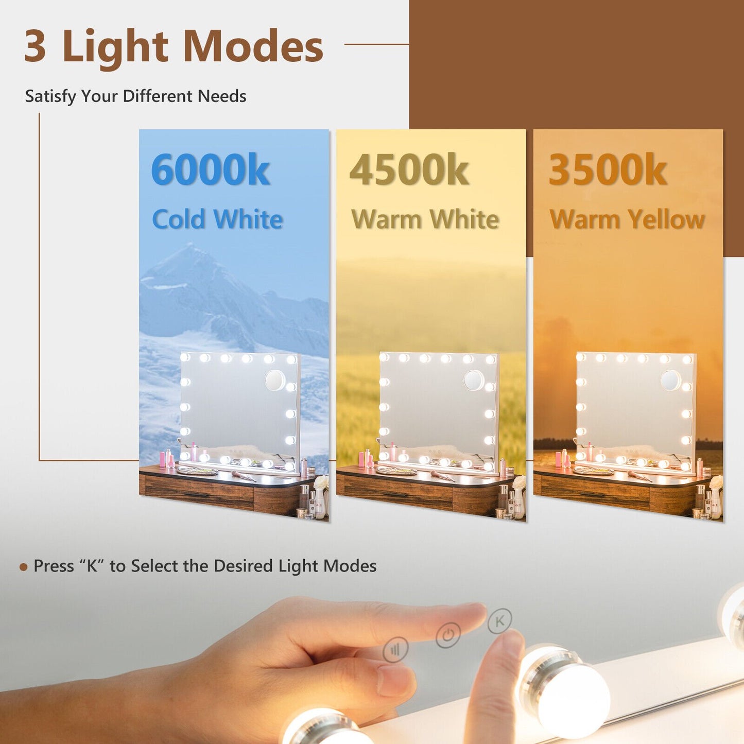 Vanity Mirror with 18 Dimmable LED Bulbs and 3 Color Lighting Modes, White