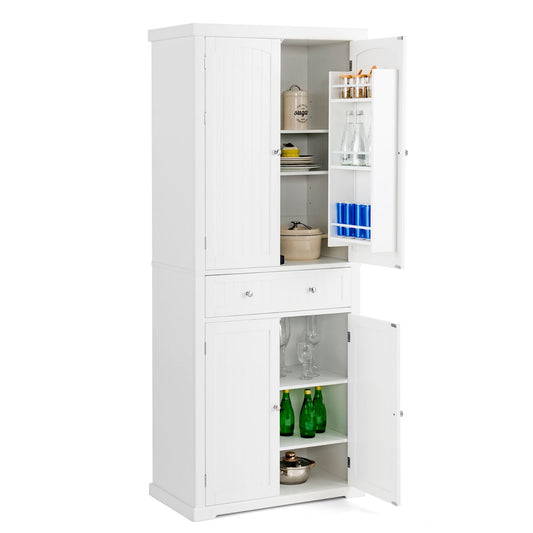 72 Inch Freestanding Kitchen Pantry Cabinet 4 Doors Storage Cupboard Shelves Drawer, White