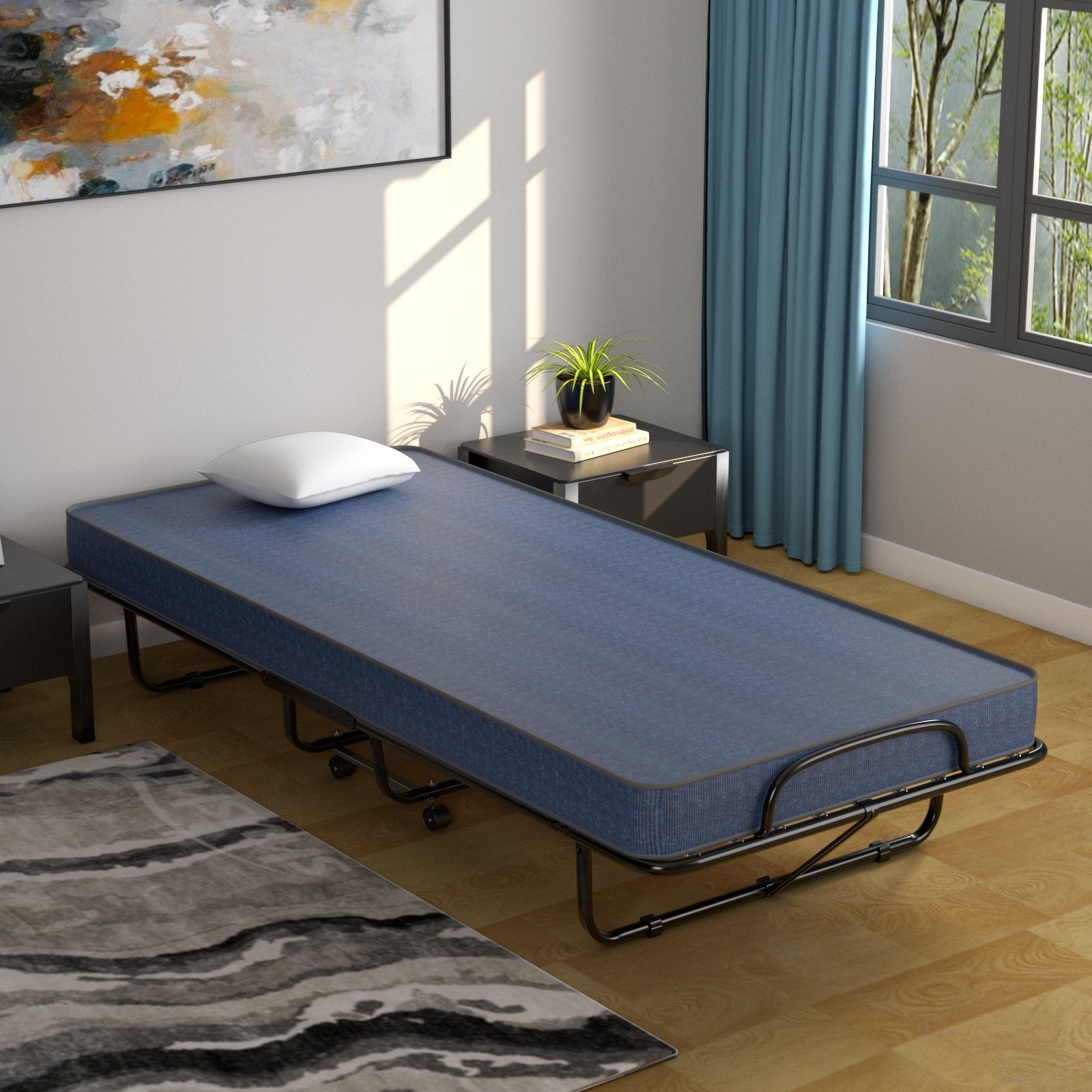 Rollaway Guest Bed with Sturdy Steel Frame and Memory Foam Mattress Made in Italy, Navy at Gallery Canada