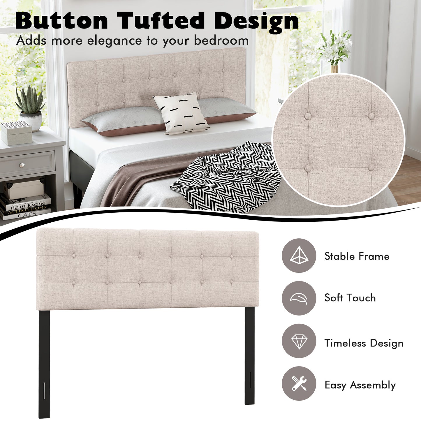 Linen Upholstered Headboard, Solid Rubber Wood Legs, Beige Headboards at Gallery Canada