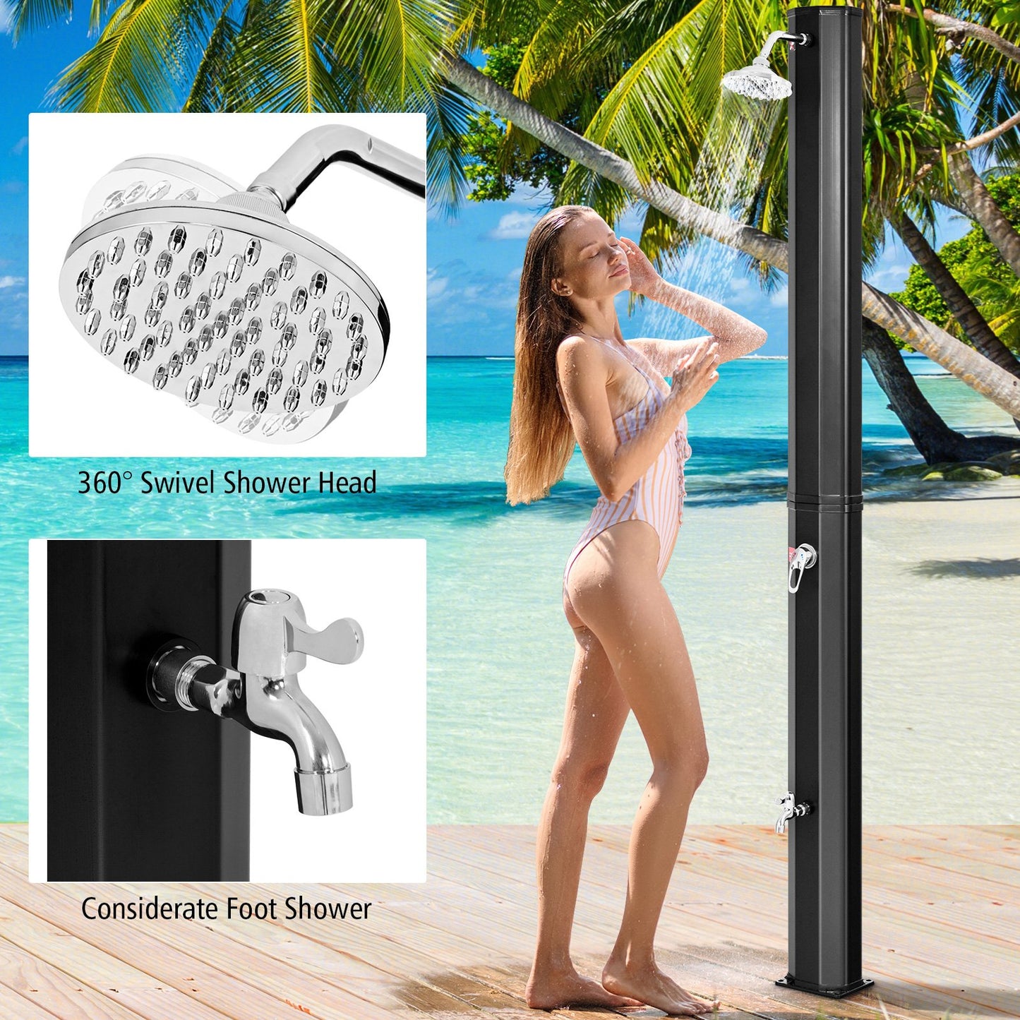 Outdoor Solar Heating 7.2 Ft Adjustable Shower Head, Black