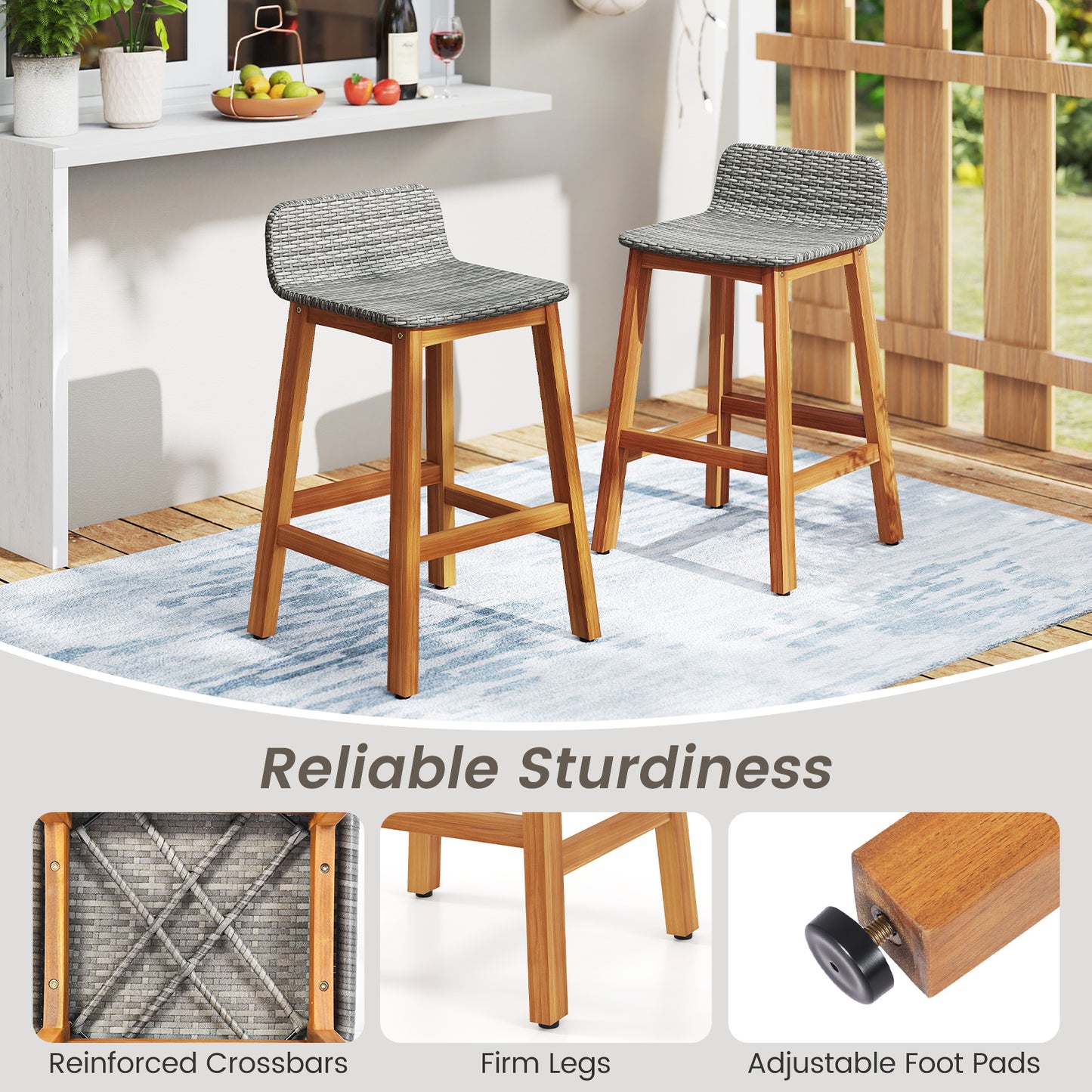 Solid Acacia Wood Bar Stools, Set of 2, Gray Patio Bar Furniture at Gallery Canada