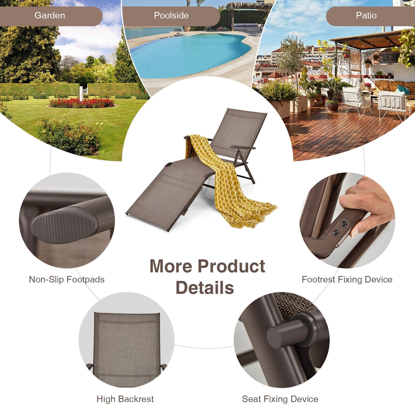 Foldable Chaise Lounge Chair, 2-Position Footrest, Brown Outdoor Chaise Lounges at Gallery Canada