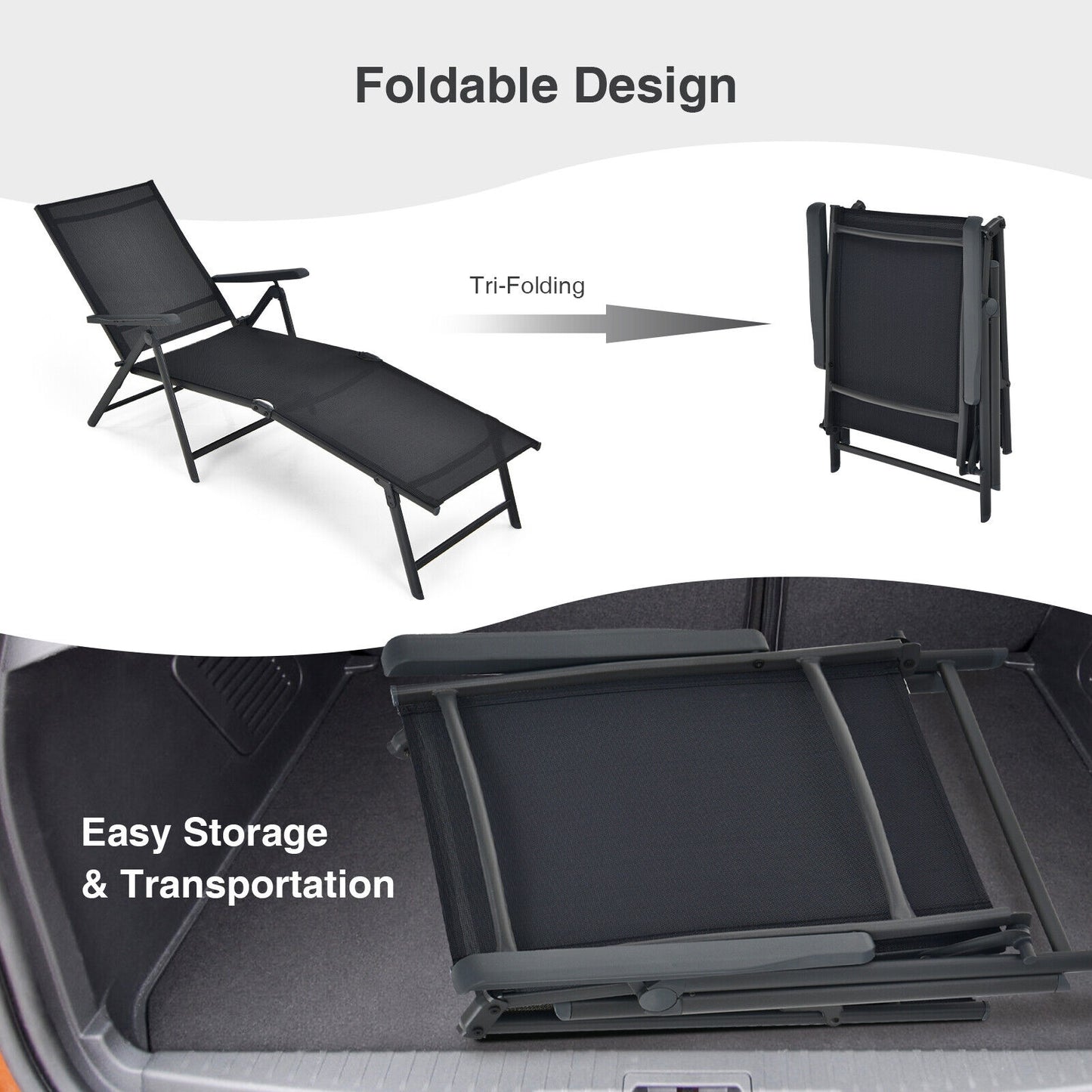 Foldable Chaise Lounge Chair, 2-Position Footrest, Black Outdoor Chaise Lounges at Gallery Canada