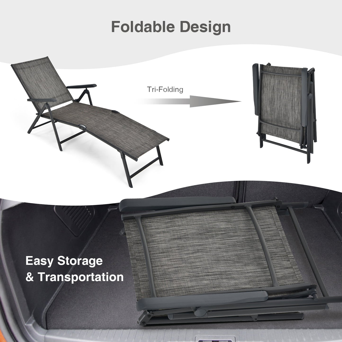 Foldable Chaise Lounge Chair, 2-Position Footrest, Gray Outdoor Chaise Lounges at Gallery Canada
