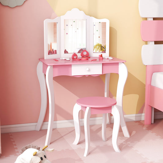 Kids Wooden Vanity Table, Stool Set, 3-Panel Acrylic Mirror, White Kids Vanities White at Gallery Canada