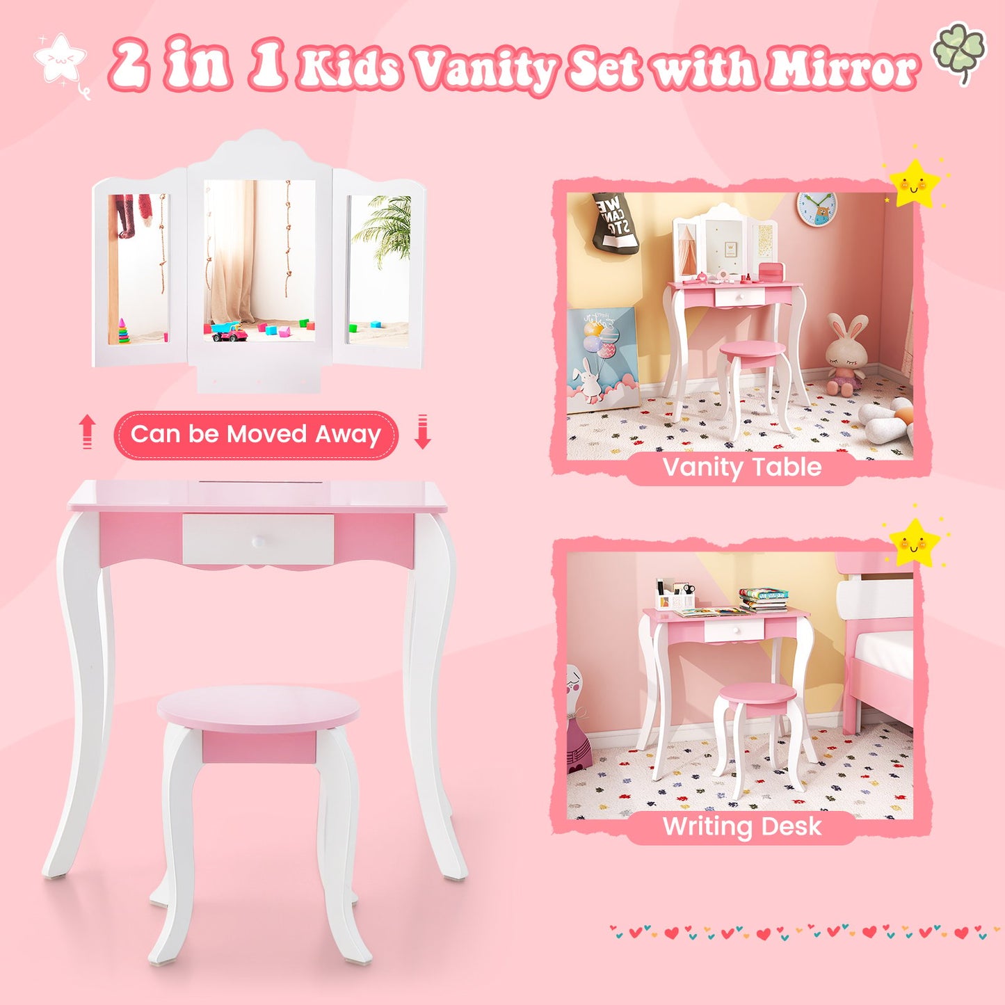 Kid's Wooden Vanity Table and Stool Set  with 3-Panel Acrylic Mirror, White