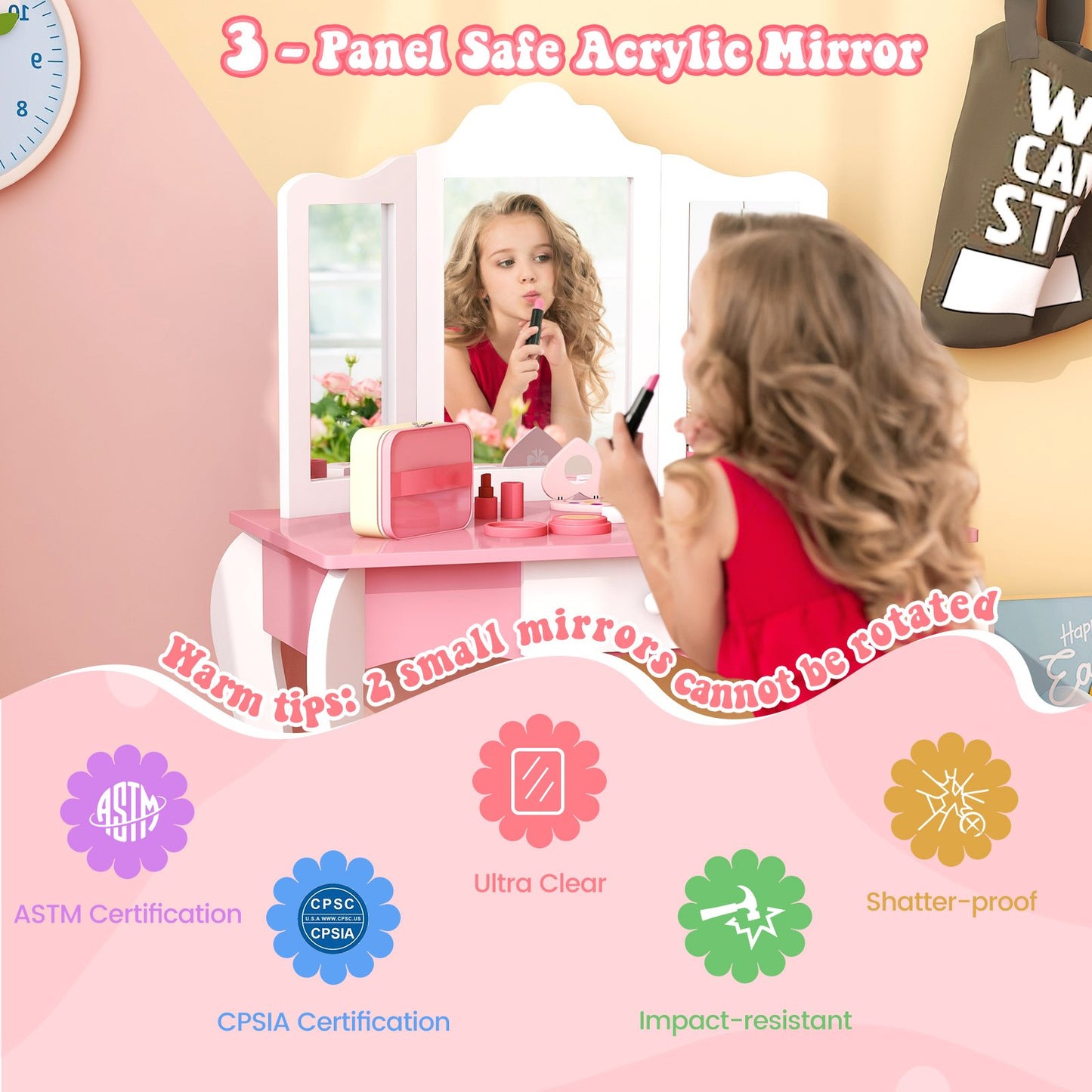 Kid's Wooden Vanity Table and Stool Set  with 3-Panel Acrylic Mirror, White