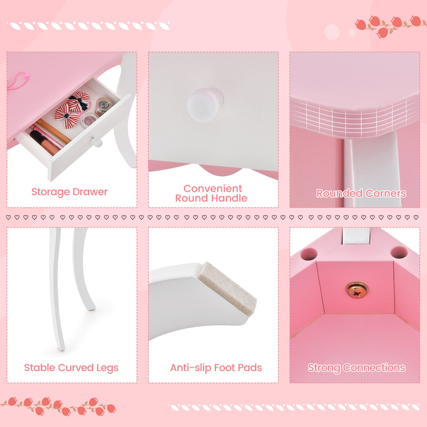 Kids Wooden Vanity Table, Stool Set, 3-Panel Acrylic Mirror, White Kids Vanities at Gallery Canada