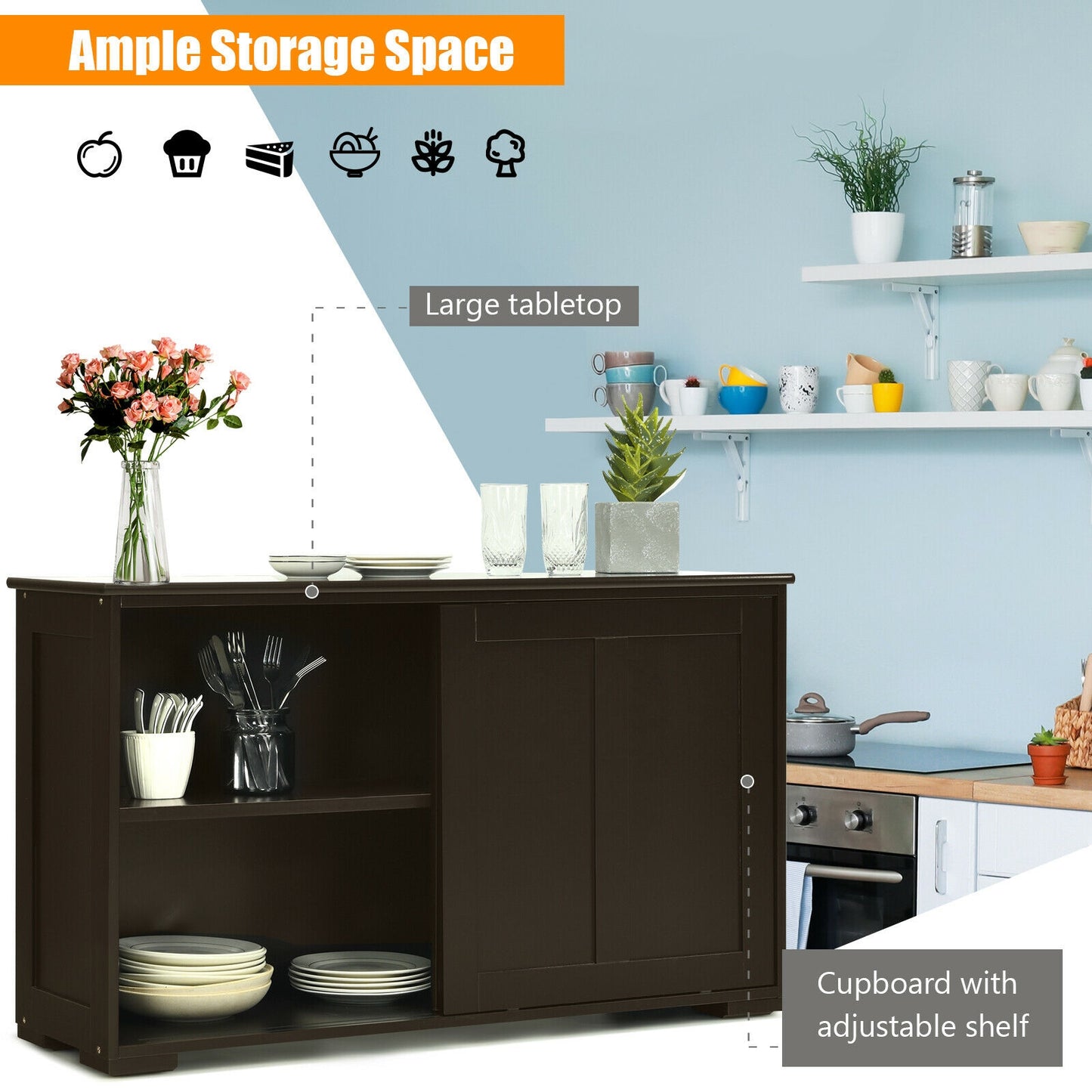 Kitchen Storage Cabinet with Wood Sliding Door, Brown Sideboards Cabinets & Buffets at Gallery Canada
