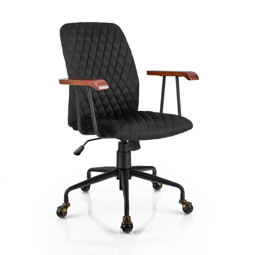 Velvet Home Office Chair with Wooden Armrest, Black