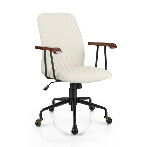 Velvet Home Office Chair with Wooden Armrest, Beige