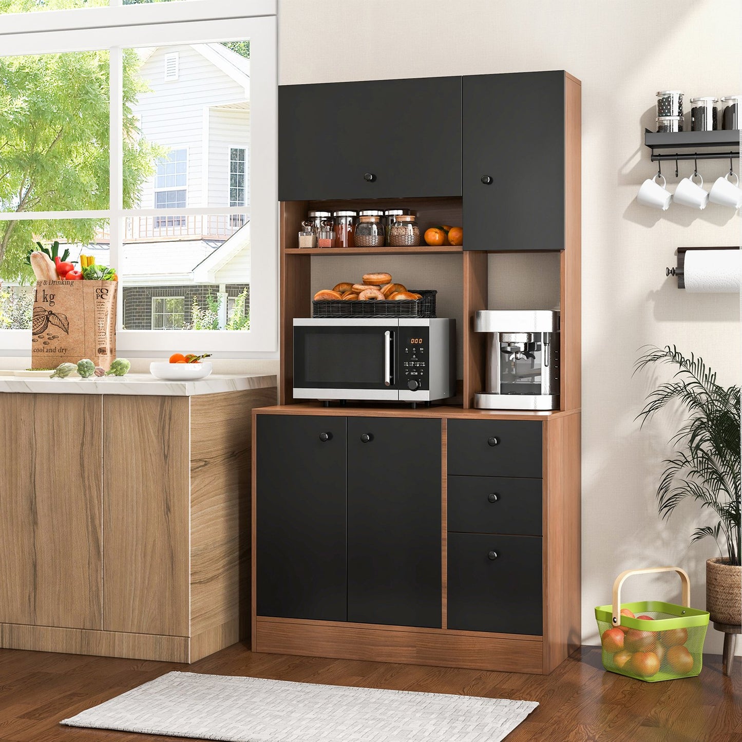 71 Inch Kitchen Pantry with 3 Storage Cabinet and 3 Deep Drawers, Walnut at Gallery Canada