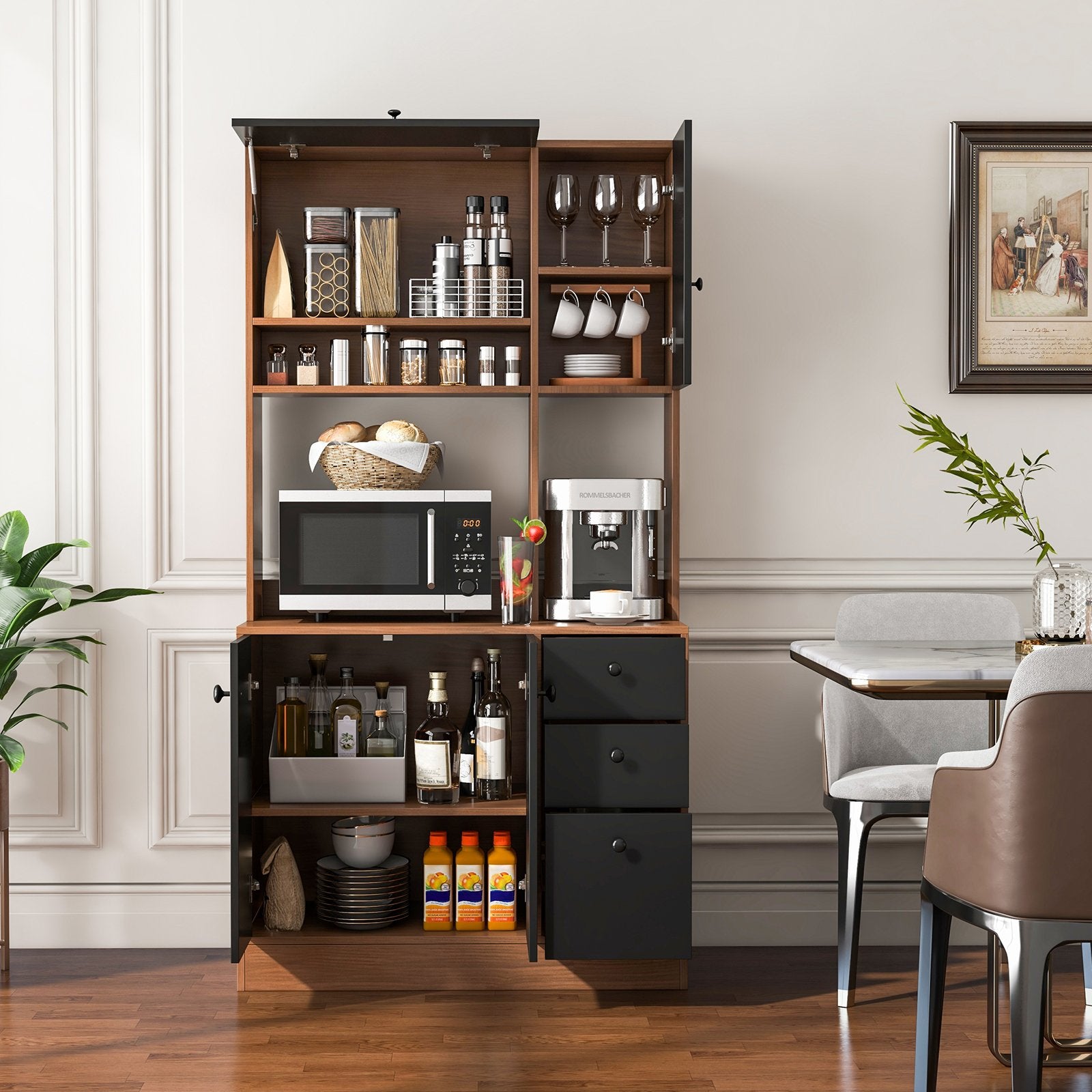 71 Inch Kitchen Pantry with 3 Storage Cabinet and 3 Deep Drawers, Walnut at Gallery Canada