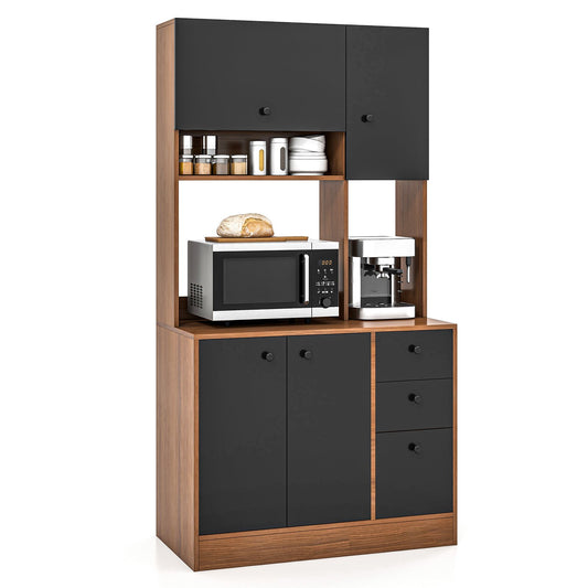 71 Inch Kitchen Pantry with 3 Storage Cabinet and 3 Deep Drawers, Walnut