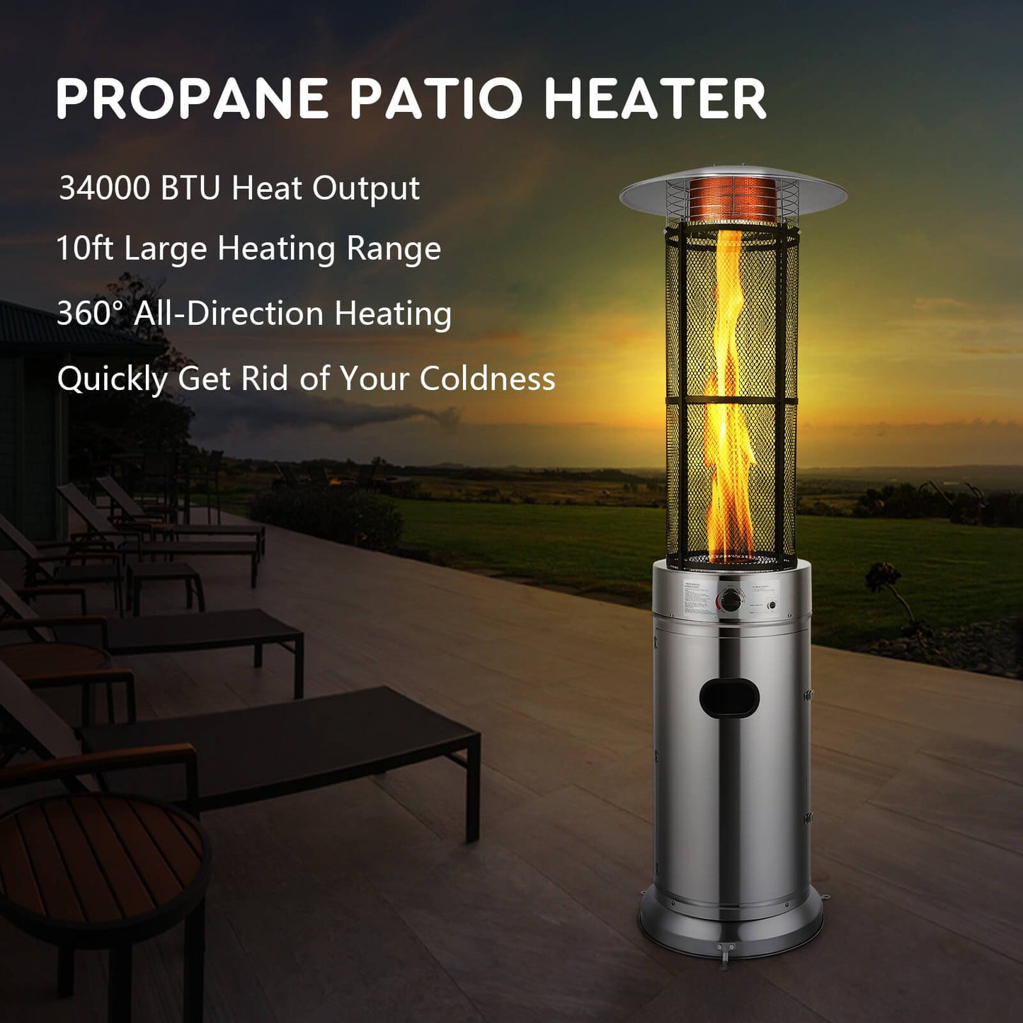 34000 BTU Stainless Steel Round Glass Tube Patio Heaters, Silver
