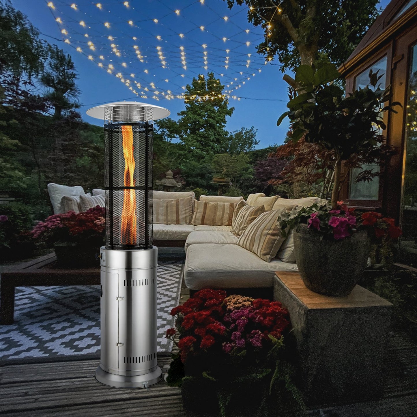 34000 BTU Stainless Steel Round Glass Tube Patio Heaters, Silver