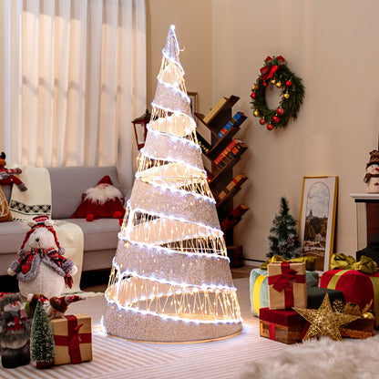 5 Feet Pre-lit Christmas Cone Tree with 300 Warm White and 250 Cold White LED Lights, White