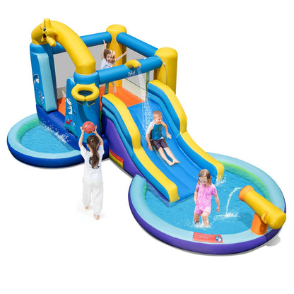 Inflatable Ocean-Themed Bounce House with 680W Blower and 2 Pools, Blue