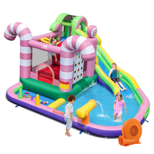 9-in-1 Inflatable Sweet Candy Water Slide Park with 750W Blower, Pink