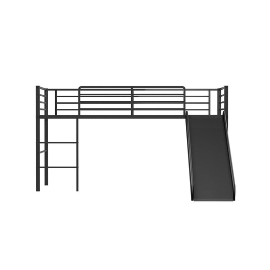 Twin Metal Loft Bed with Slide with Safety Guardrails and Built-in Ladder, Black