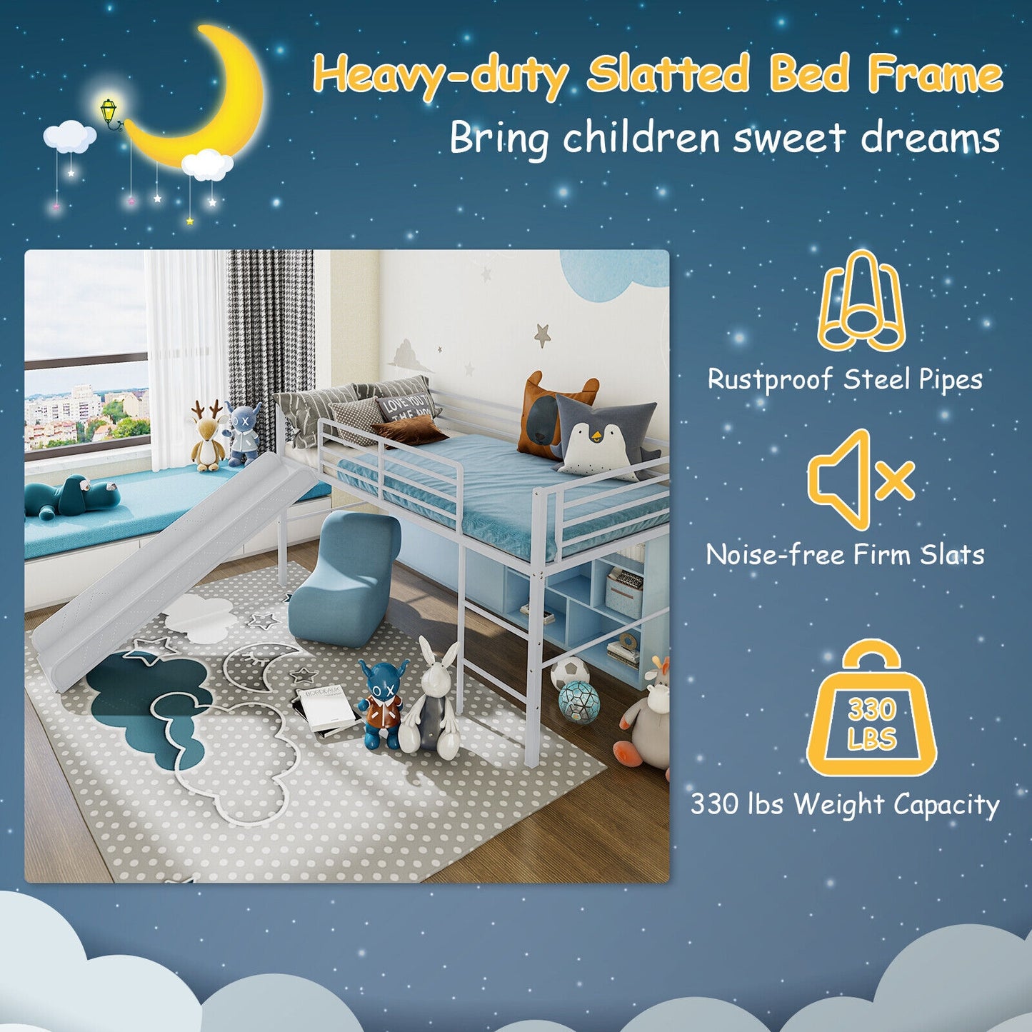 Twin Metal Loft Bed with Slide with Safety Guardrails and Built-in Ladder, Silver Bunk Bed Frame at Gallery Canada