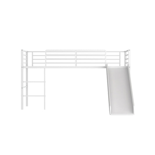 Twin Metal Loft Bed with Slide with Safety Guardrails and Built-in Ladder, White